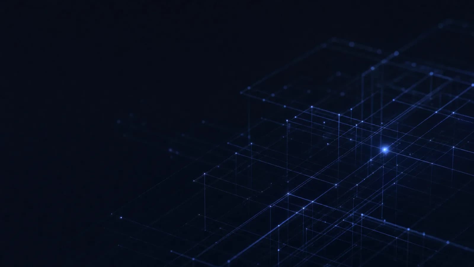 Abstract indigo wireframe blueprint on a dark field, one node lit.
