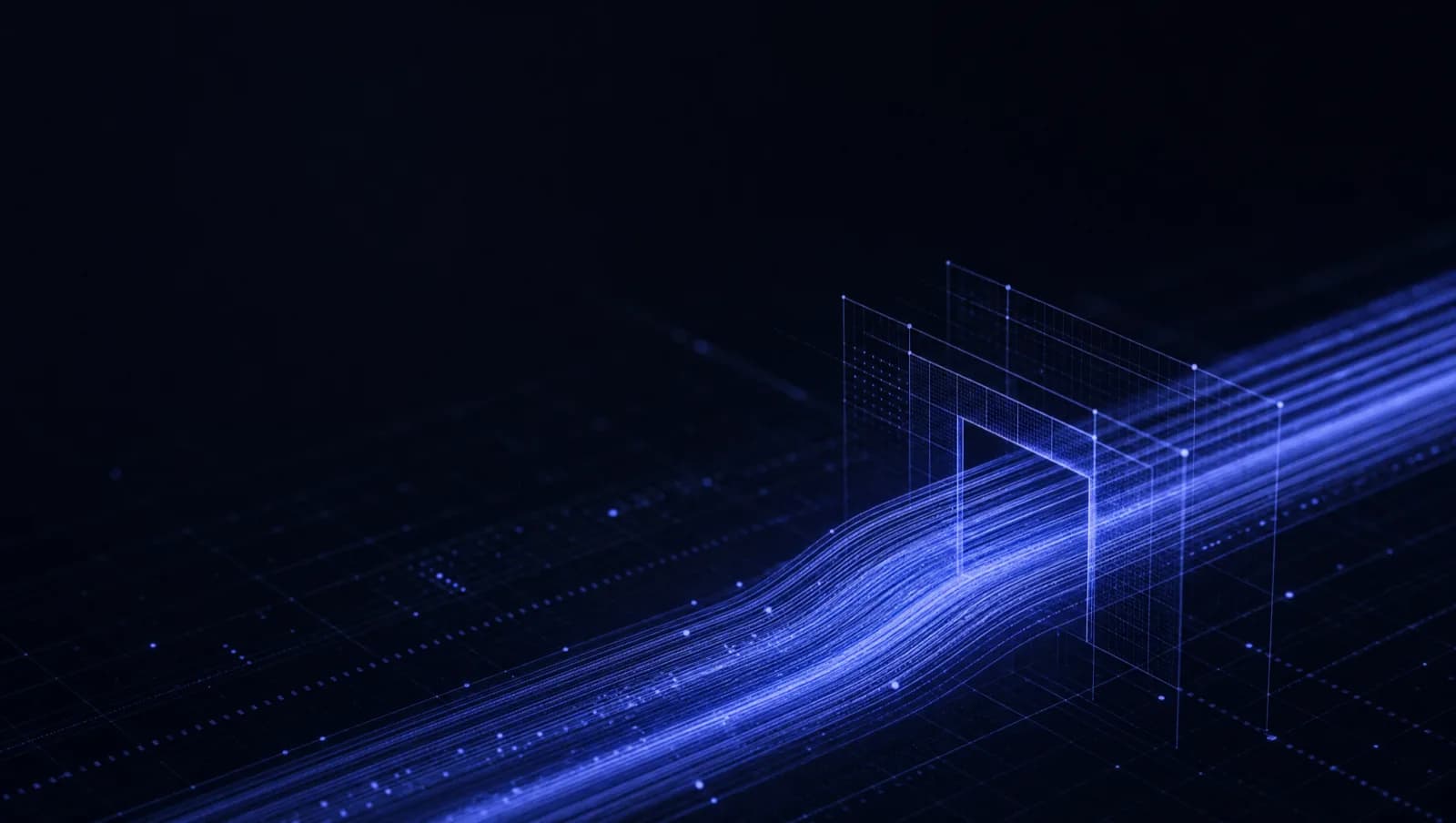 Fine indigo data-flow lines streaming through a wireframe gateway on a dark field.
