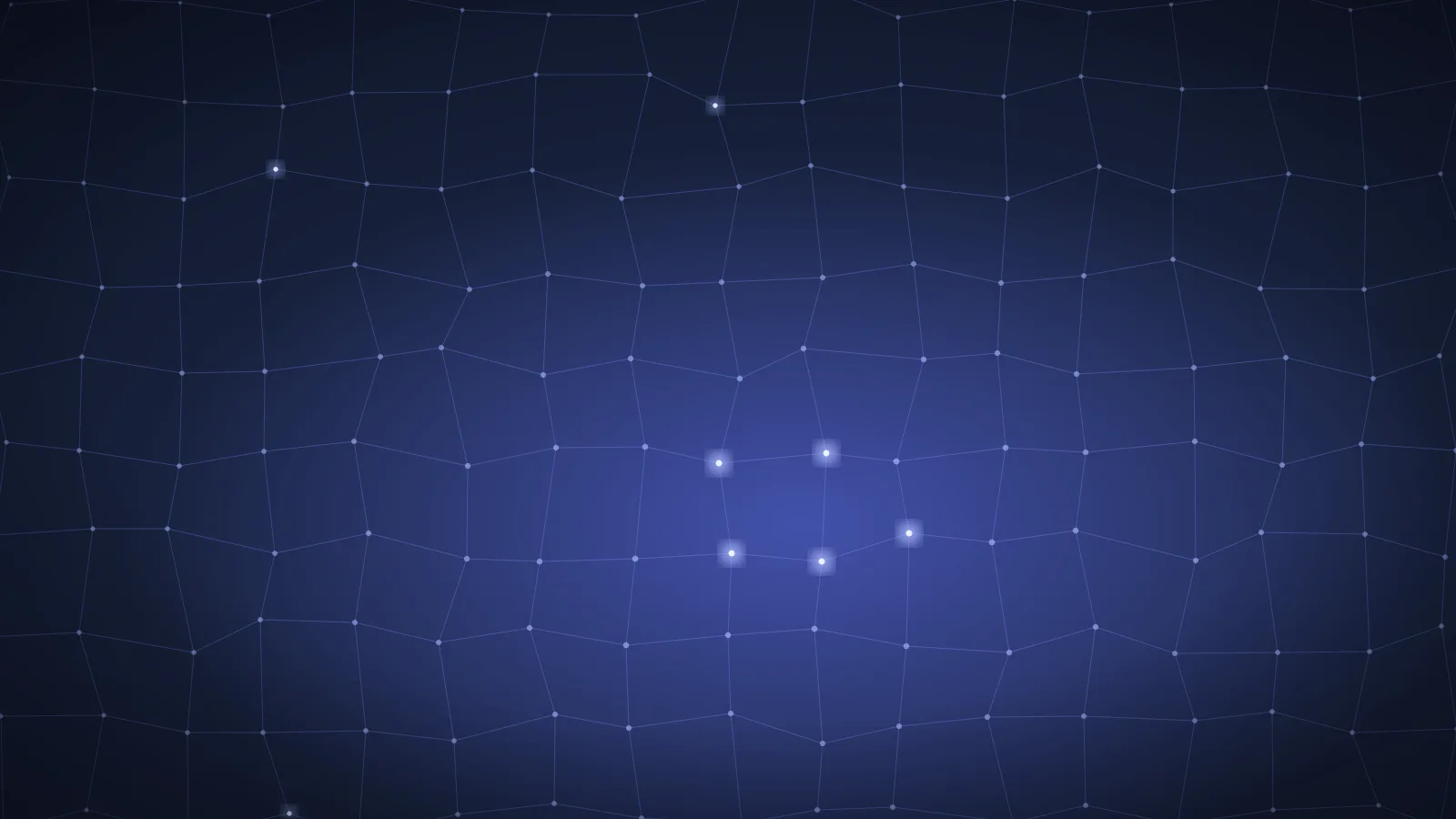 Fine indigo network lines over a dark ground, with lit nodes marking points across the grid.
