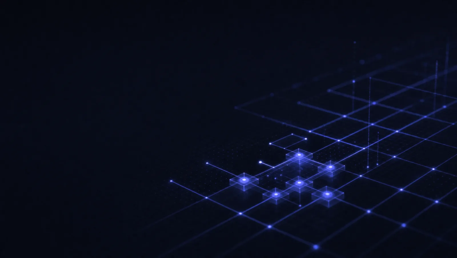 Interlocking indigo modules connecting into a larger grid on a dark field.