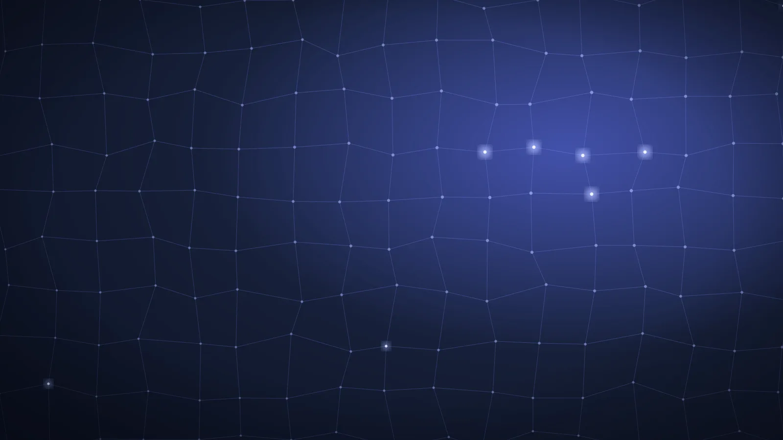 An indigo wireframe network on a dark field, a few nodes lit brighter than the rest.