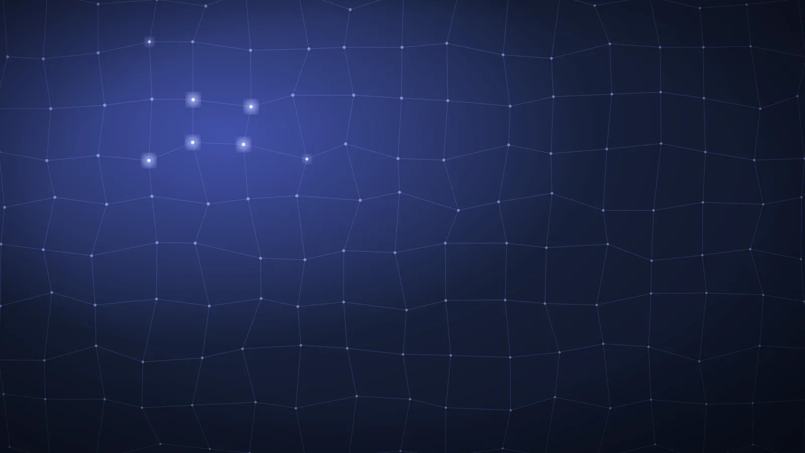 A dark indigo grid of connected nodes, several glowing points scattered across the field.
