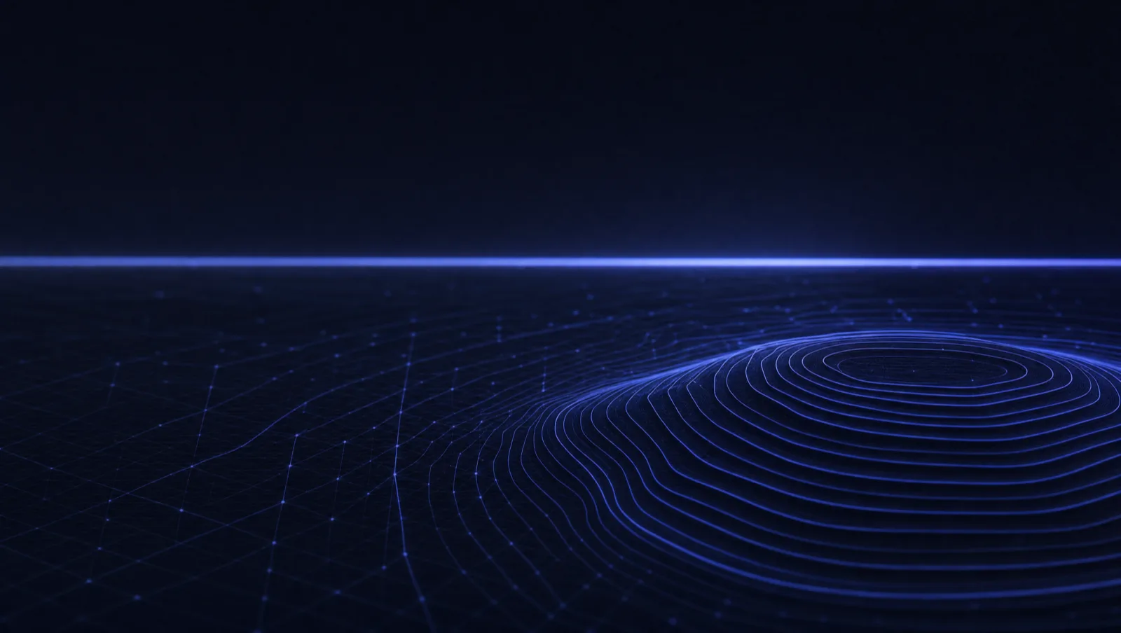 Indigo topographic contour lines rising from a dark grid toward a lit horizon.